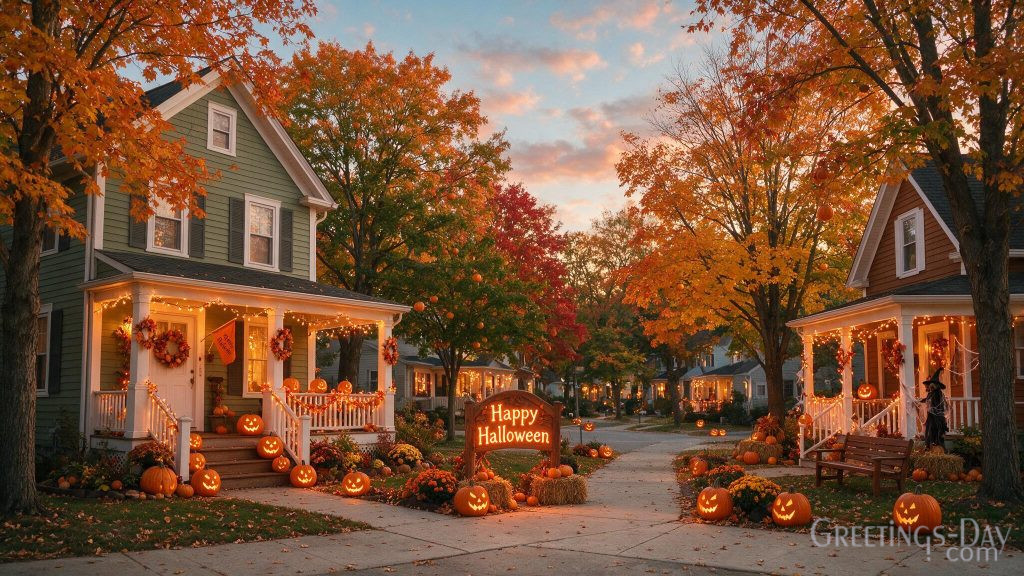 Happy Halloween wallpaper with decorated pumpkin street and cozy autumn neighborhood