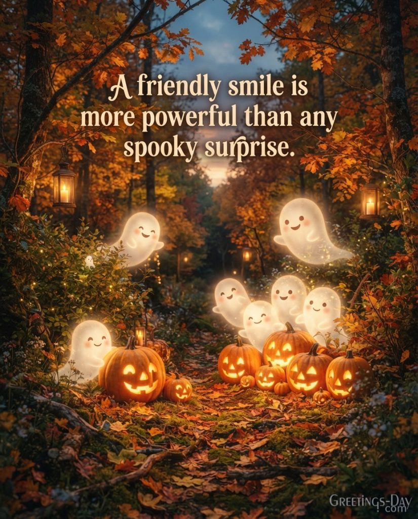 Happy Halloween quote picture featuring adorable ghosts, pumpkins, colorful autumn leaves, and cheerful Halloween saying