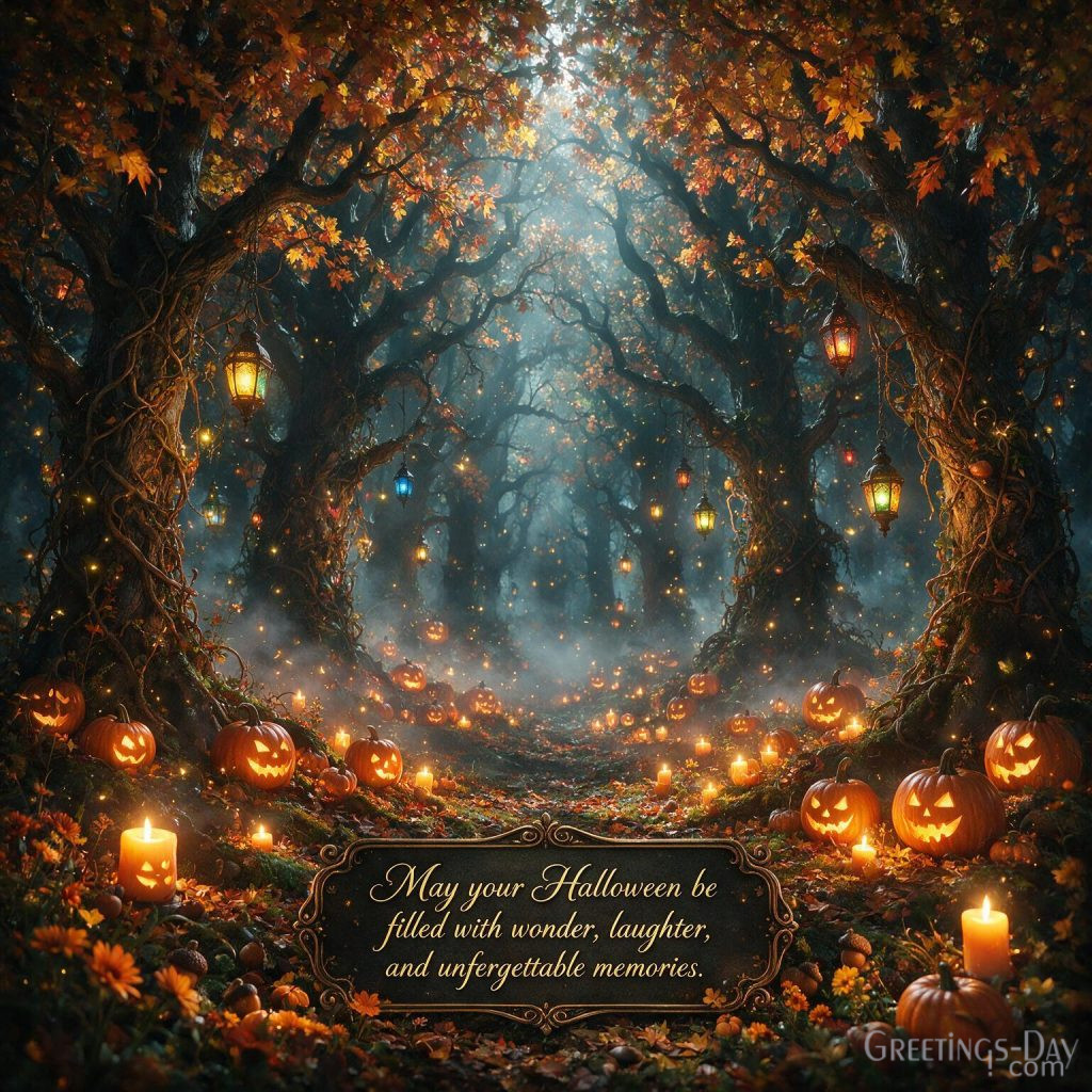 Happy Halloween quotes image with enchanted woodland, glowing jack-o'-lanterns, fairy lights, and inspirational Halloween saying