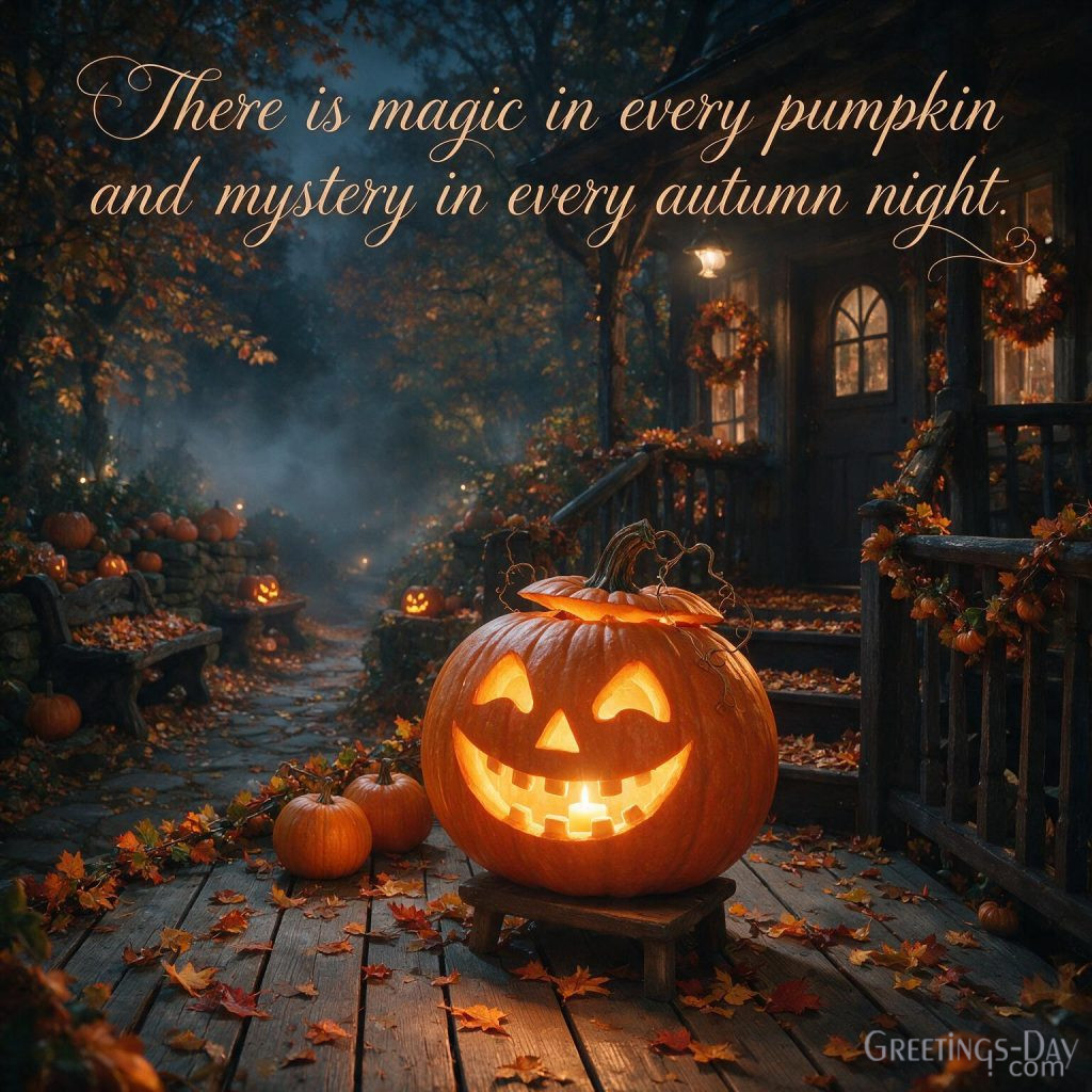 Happy Halloween quotes image with glowing jack-o'-lantern, autumn leaves, and inspirational Halloween quote in premium 4K quality