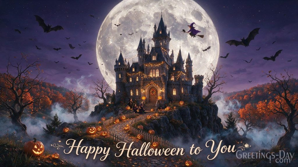 Happy Halloween to You wallpaper with haunted forest glowing pumpkins and magical night background