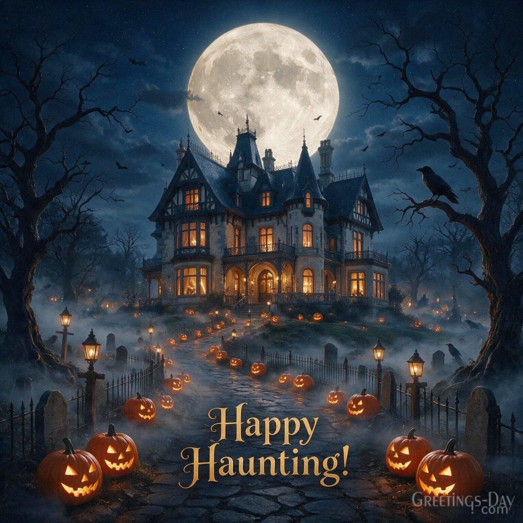 Spooky Halloween card with a haunted Victorian house