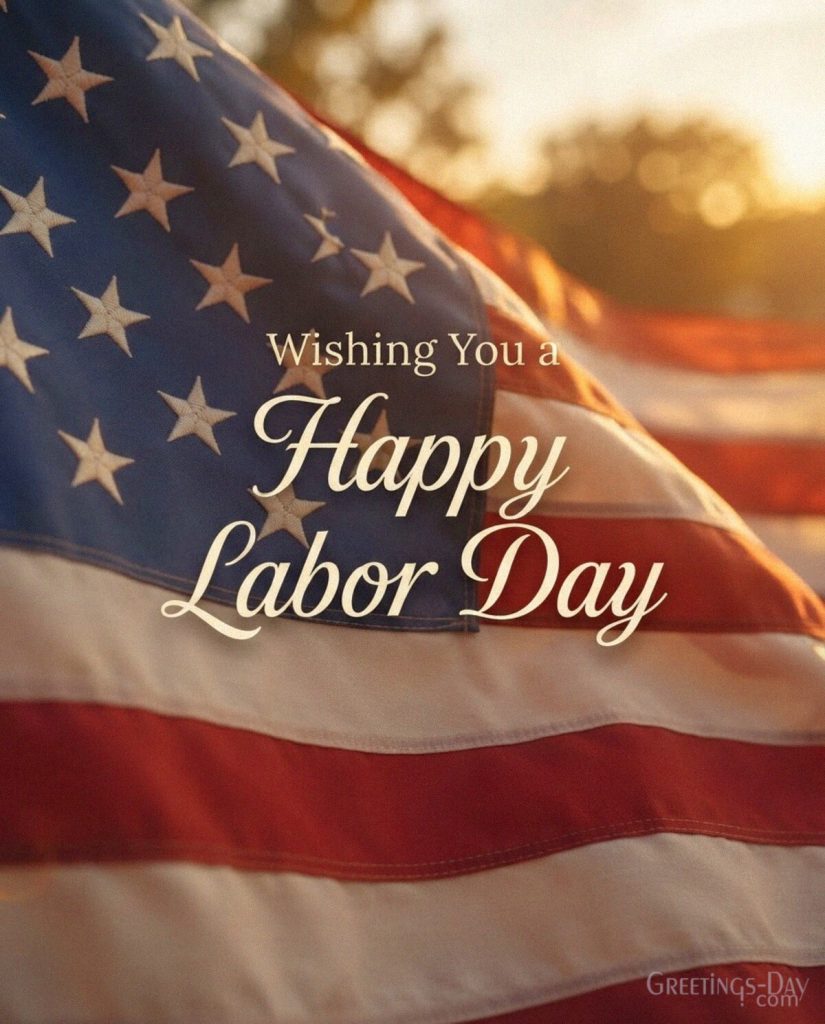 Patriotic Labor Day greeting card with waving American flag and “Wishing You a Happy Labor Day” message with the text