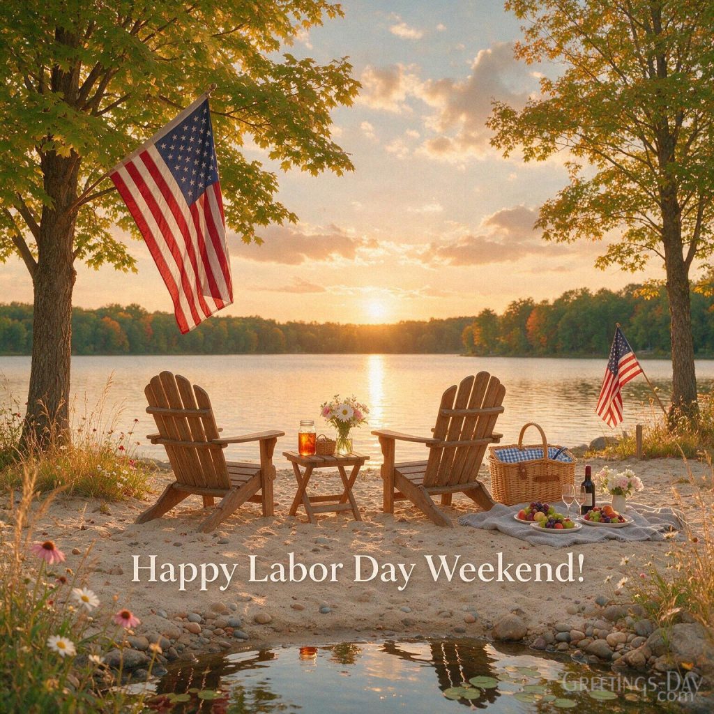 Happy Labor Day Weekend card with peaceful lakeside chairs