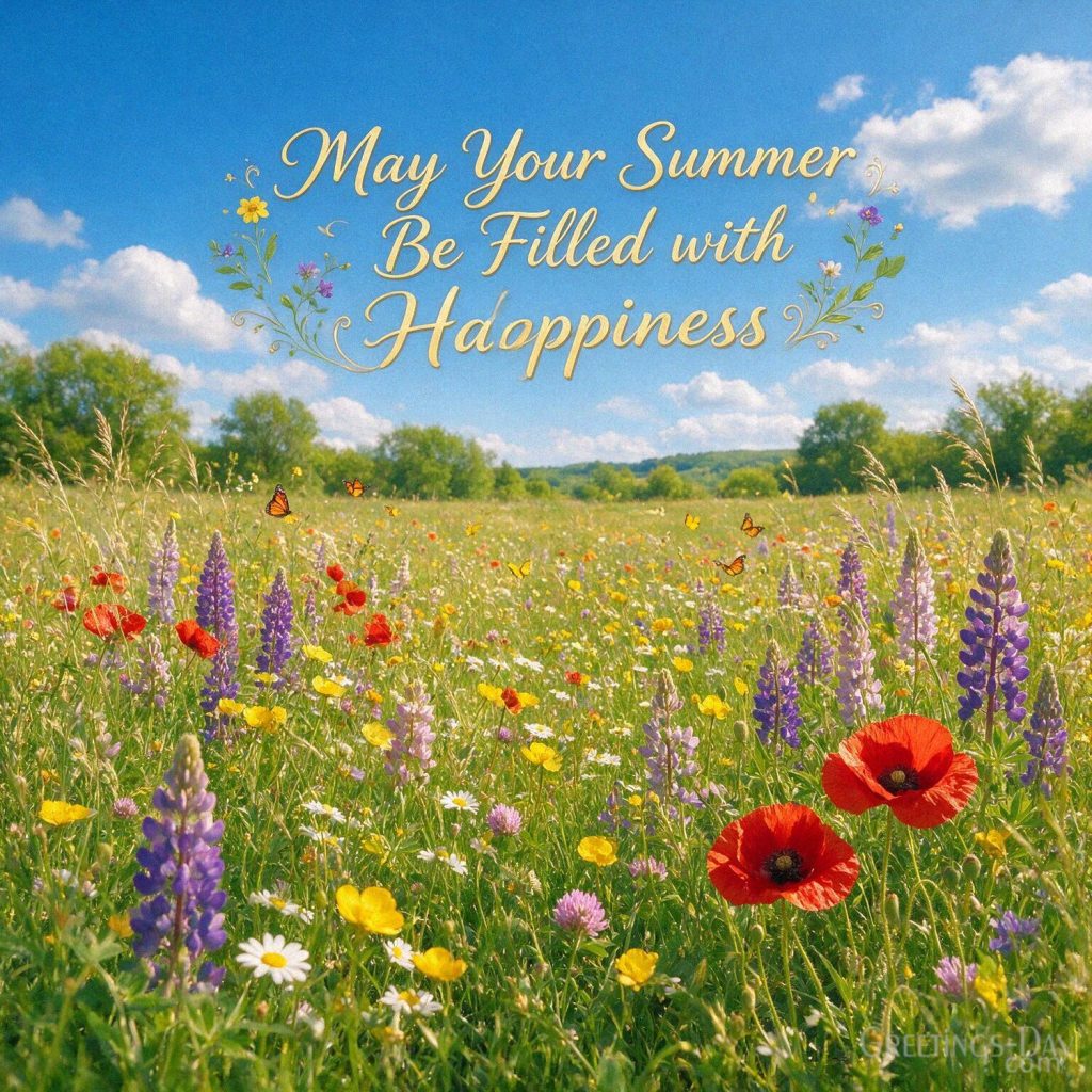 Happy summer wishes image with a sunny wildflower meadow and the message “May Your Summer Be Filled with Happiness.” with the text