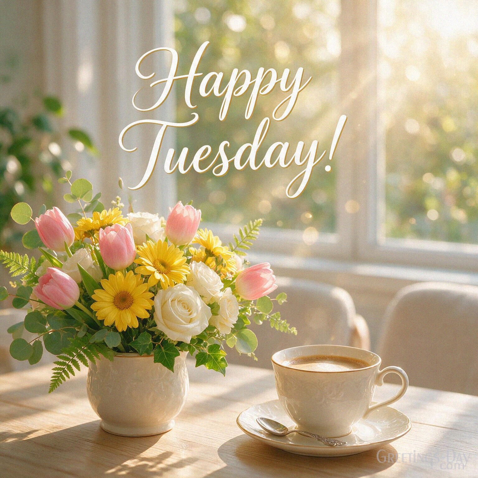 Happy Tuesday image with pink tulips