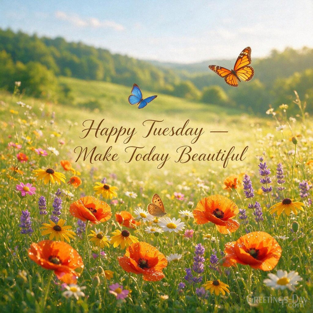 Inspirational Happy Tuesday image with colorful wildflowers