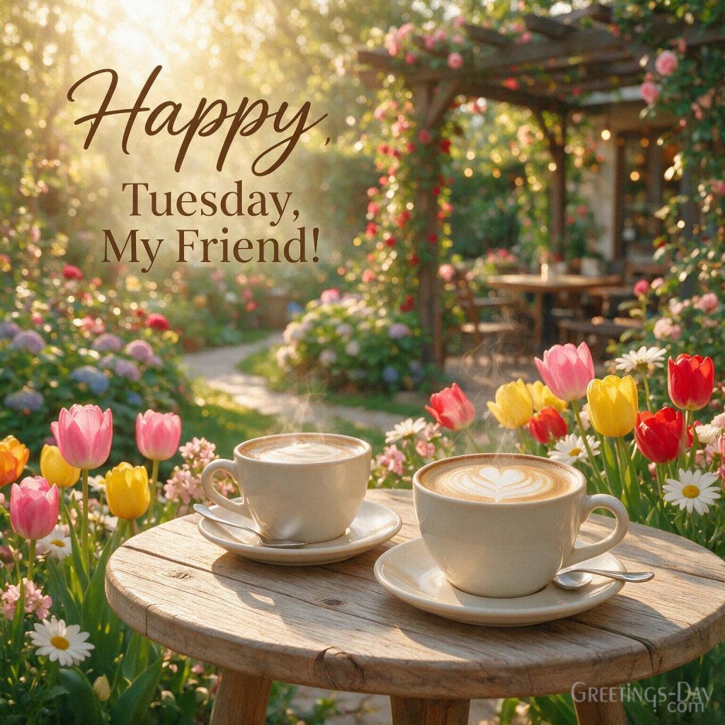 Happy Tuesday for friends image with two coffee cups