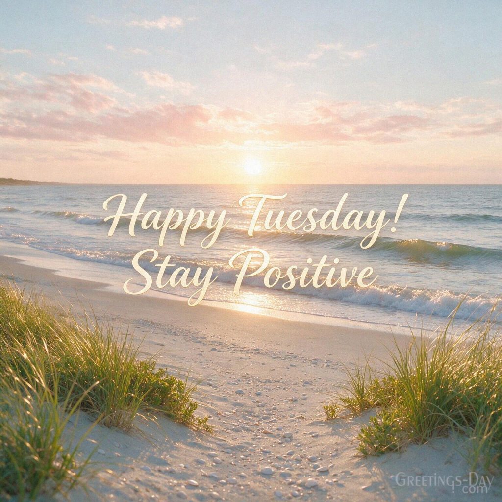 Positive Happy Tuesday image with a peaceful ocean sunrise and golden waves featuring the uplifting message “Happy Tuesday! Stay Positive.” with the text