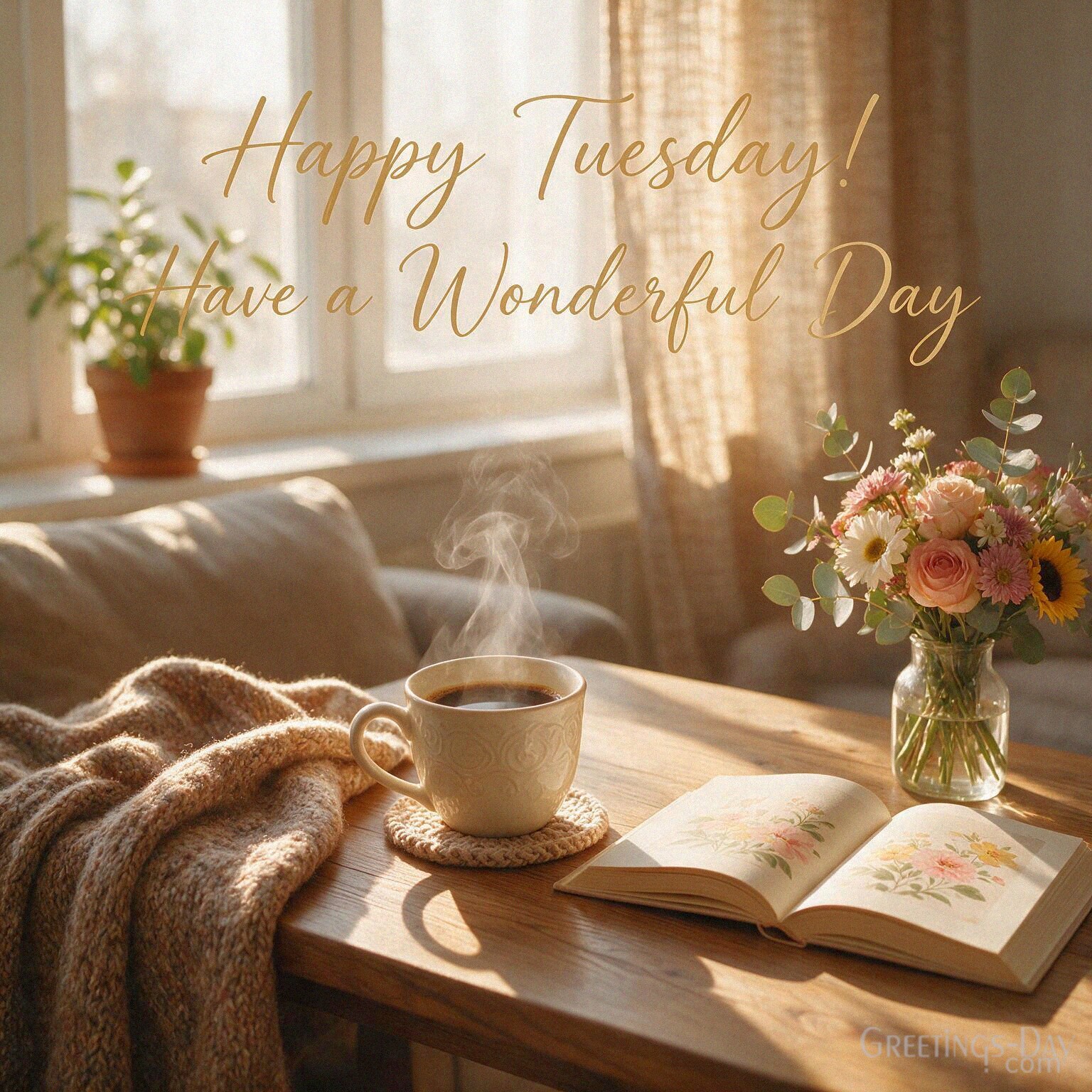 Cozy Happy Tuesday image with steaming coffee