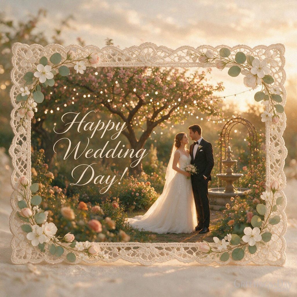 Romantic Happy Wedding Day card with a newlywed bride and groom together at a beautiful golden sunset with the text 