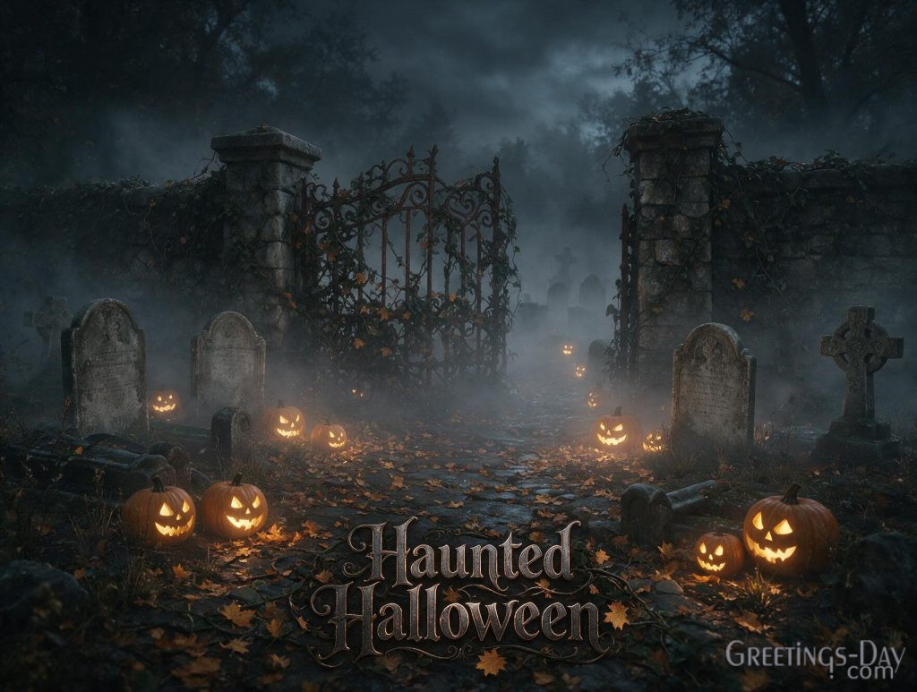 Haunted Halloween wallpaper featuring spooky graveyard ravens and foggy night