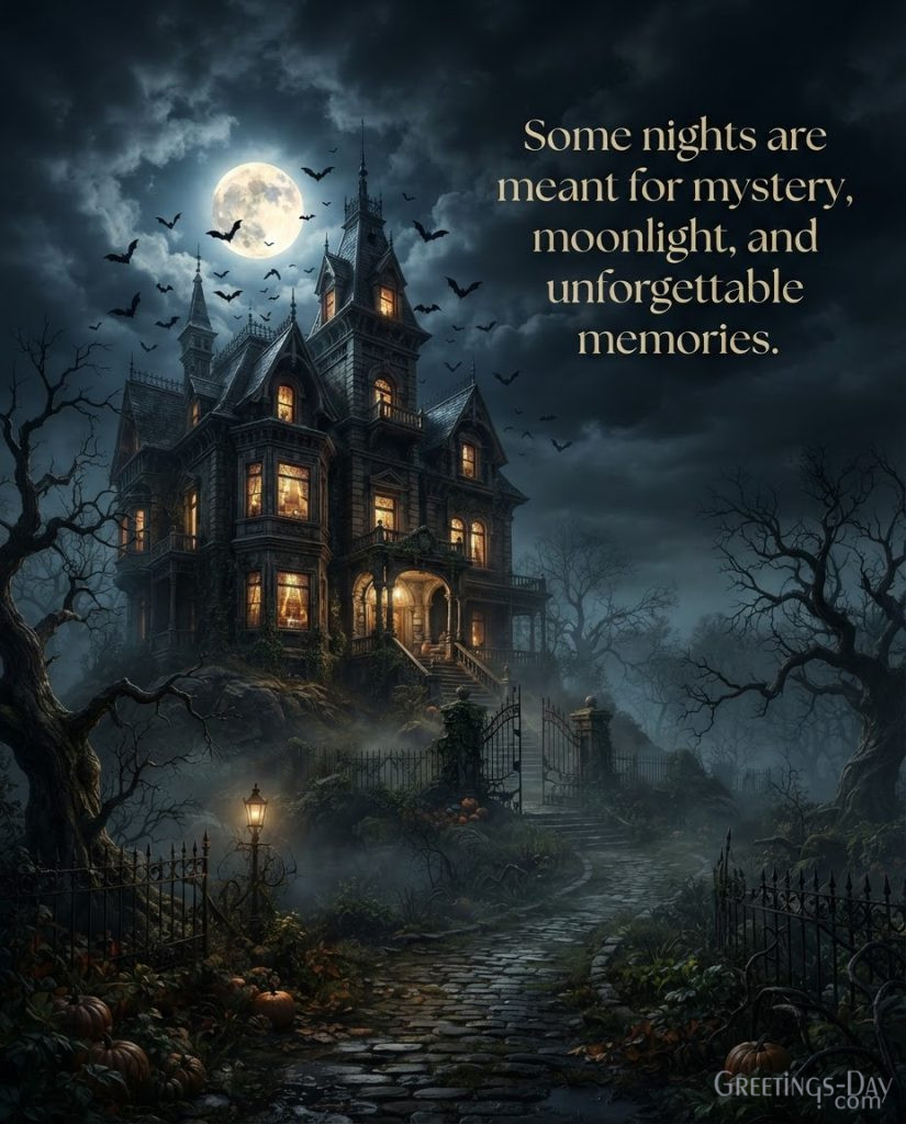 Halloween quote picture with haunted mansion, glowing windows, fog, and inspirational spooky message