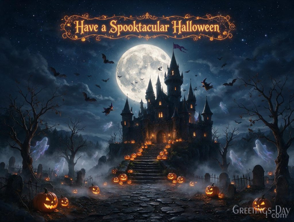 Have a Spooktacular Halloween wallpaper with spooky castle full moon and bats in 4K
