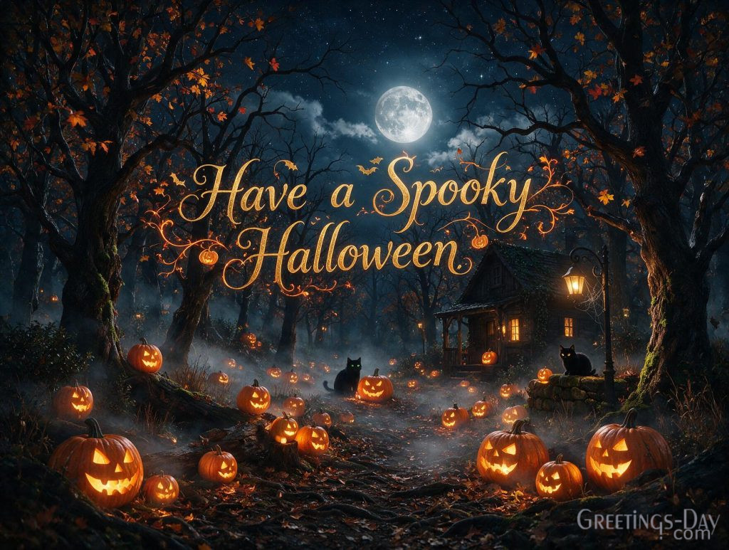 Have a Spooky Halloween wallpaper with illuminated pumpkins and misty forest background