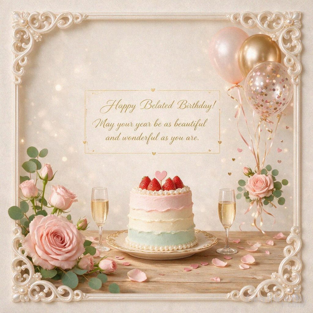 Heartfelt Belated Birthday Wishes for her image featuring “I'm late