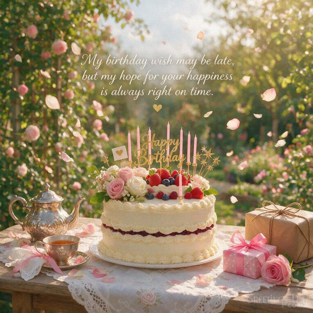 Heartfelt Belated Birthday Wishes image featuring “My birthday wish may be late
