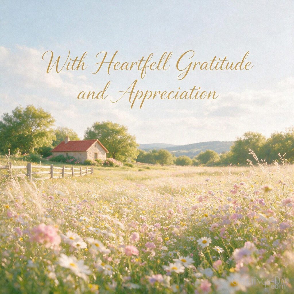 Elegant gratitude image with lavender and white wildflowers featuring the words “With Heartfelt Gratitude and Appreciation.” with the text