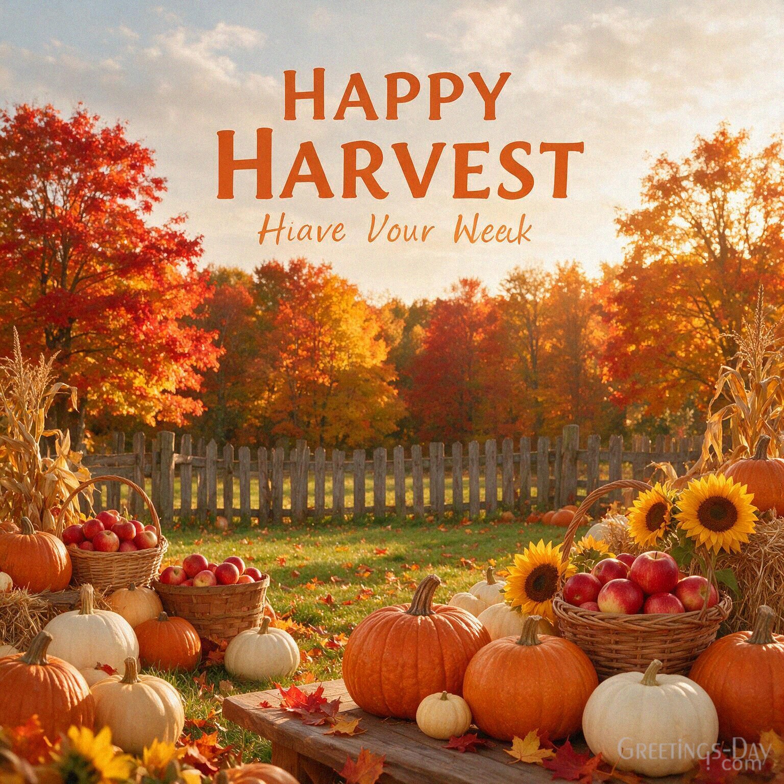 Hello Fall wishes image with pumpkins and rustic autumn decor featuring “Hello Fall