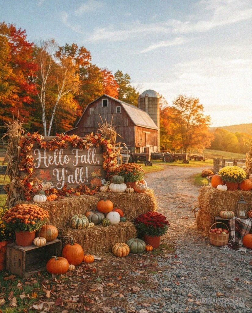 Hello Fall Y’all image featuring pumpkins