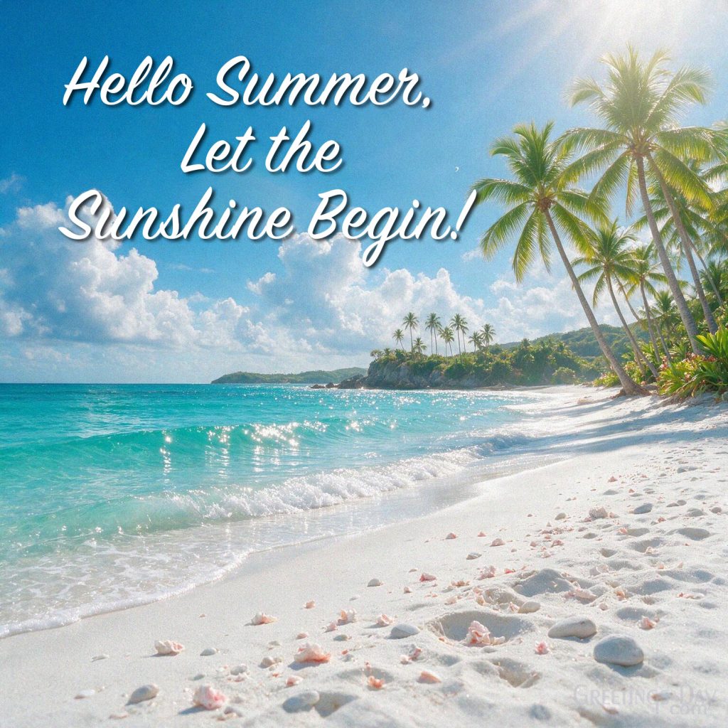Hello Summer tropical beach image with palm trees and blue ocean featuring “Hello Summer