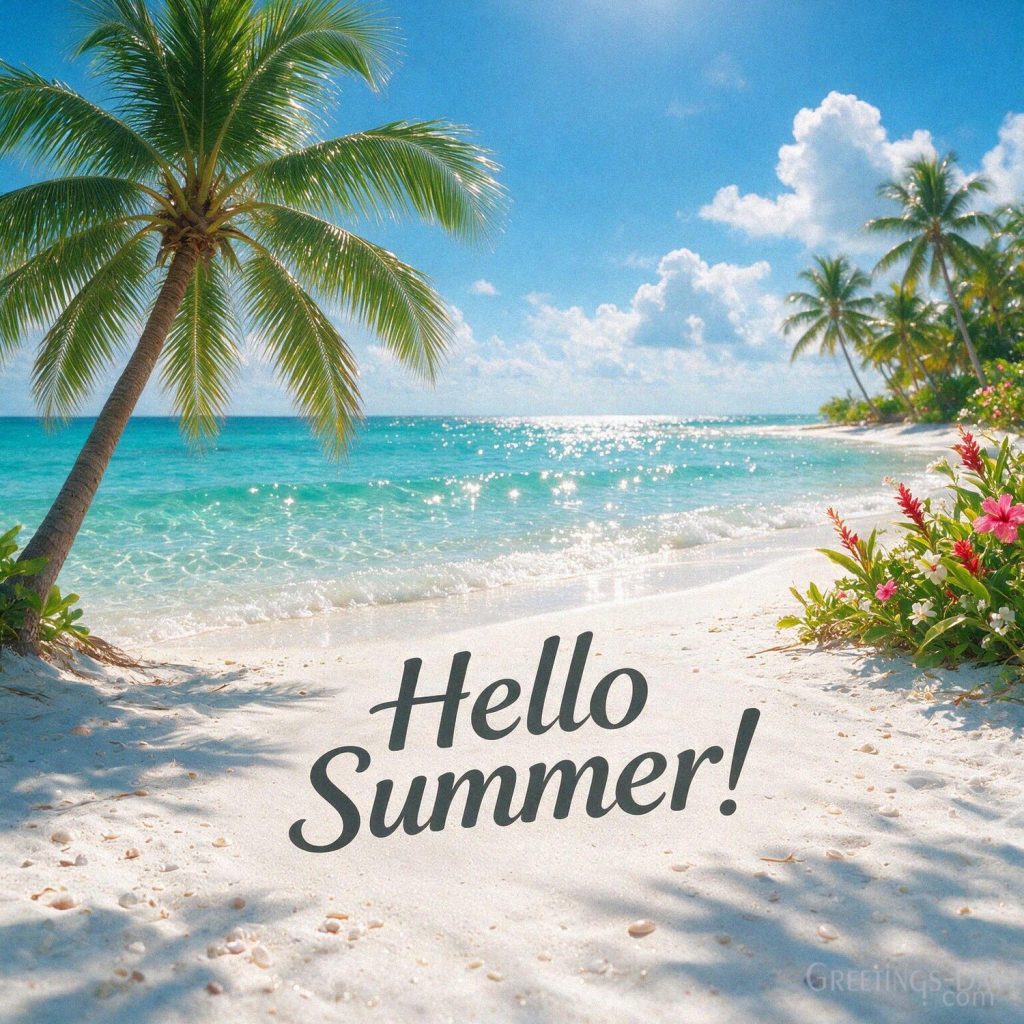 Hello Summer greeting image with a tropical beach