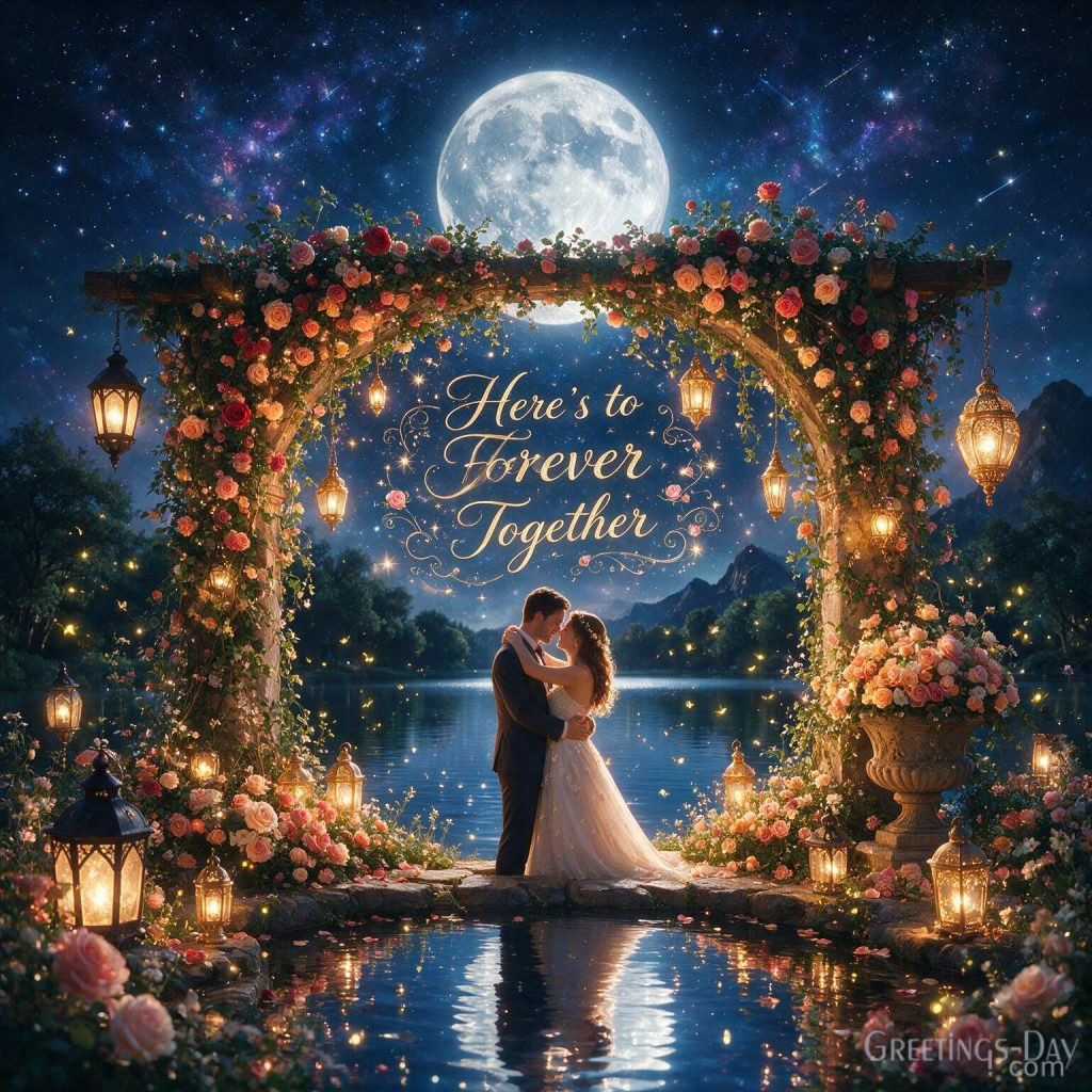 Elegant First Anniversary image with moonlit lake featuring Here's to Forever Together anniversary greeting for couples