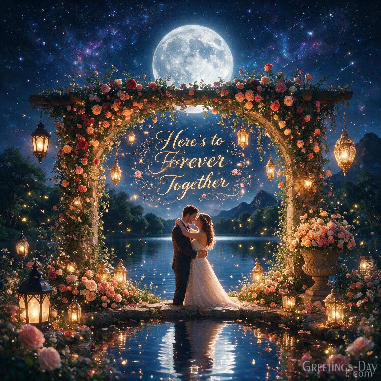 Elegant First Anniversary image with moonlit lake featuring Here's to Forever Together anniversary greeting for couples