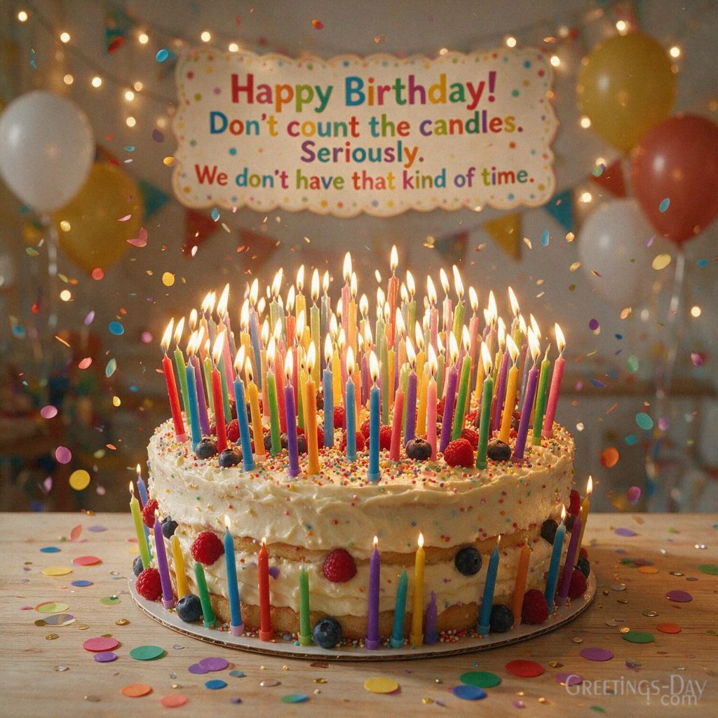Hilarious Birthday Wishes image with a candle-covered cake and colorful balloons featuring “Happy Birthday! Don't count the candles. Seriously. We don't have that kind of time.” wi