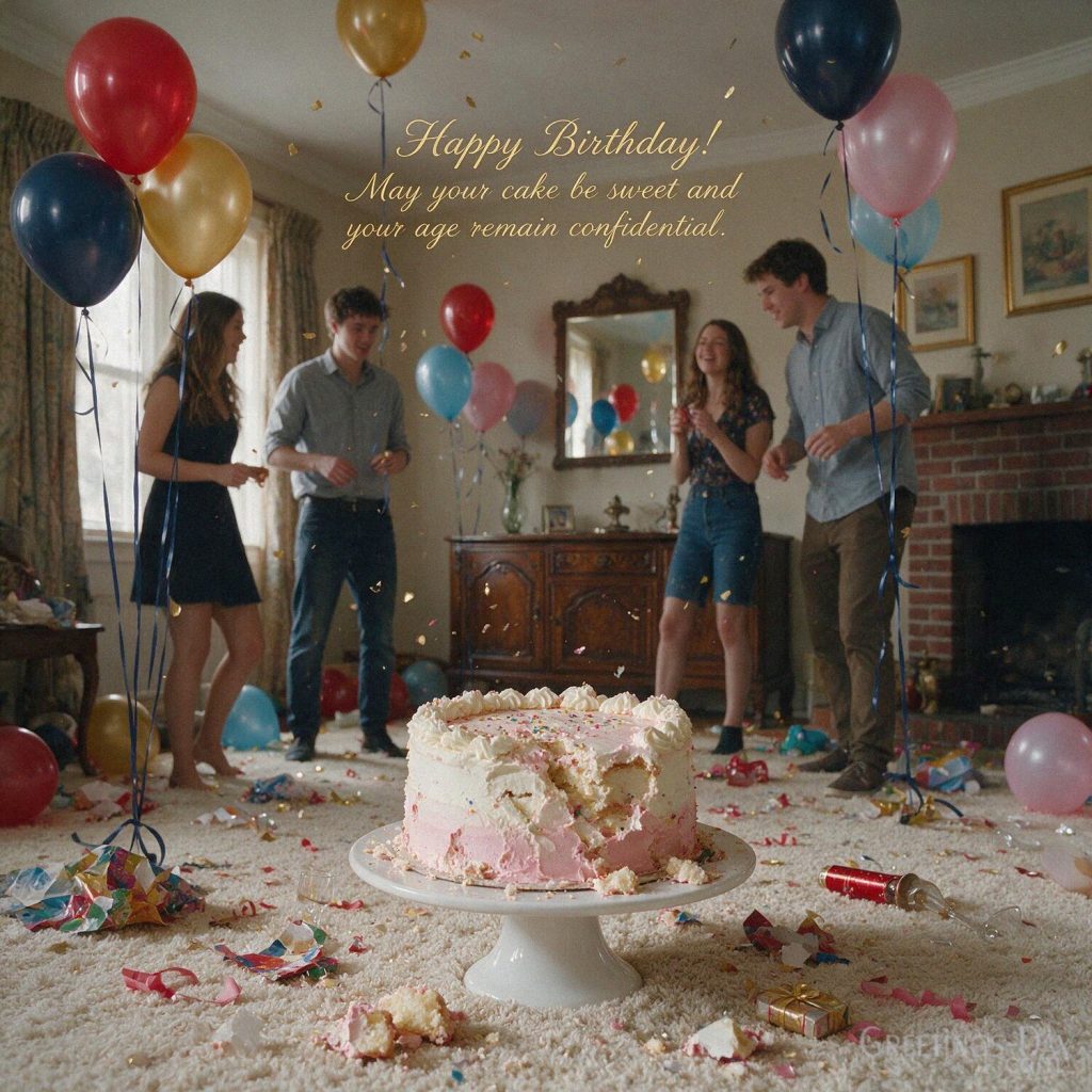 Hilarious Funny Birthday image with cake and colorful party decorations featuring “Happy Birthday! May your cake be sweet and your age remain confidential.” with the text 
