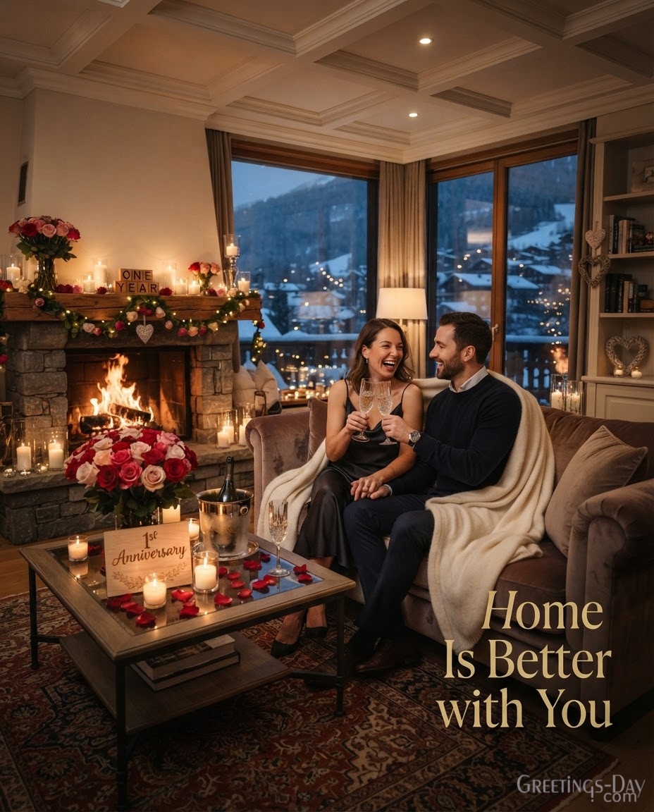 Romantic First Anniversary card featuring luxury home décor and Home Is Better with You message.