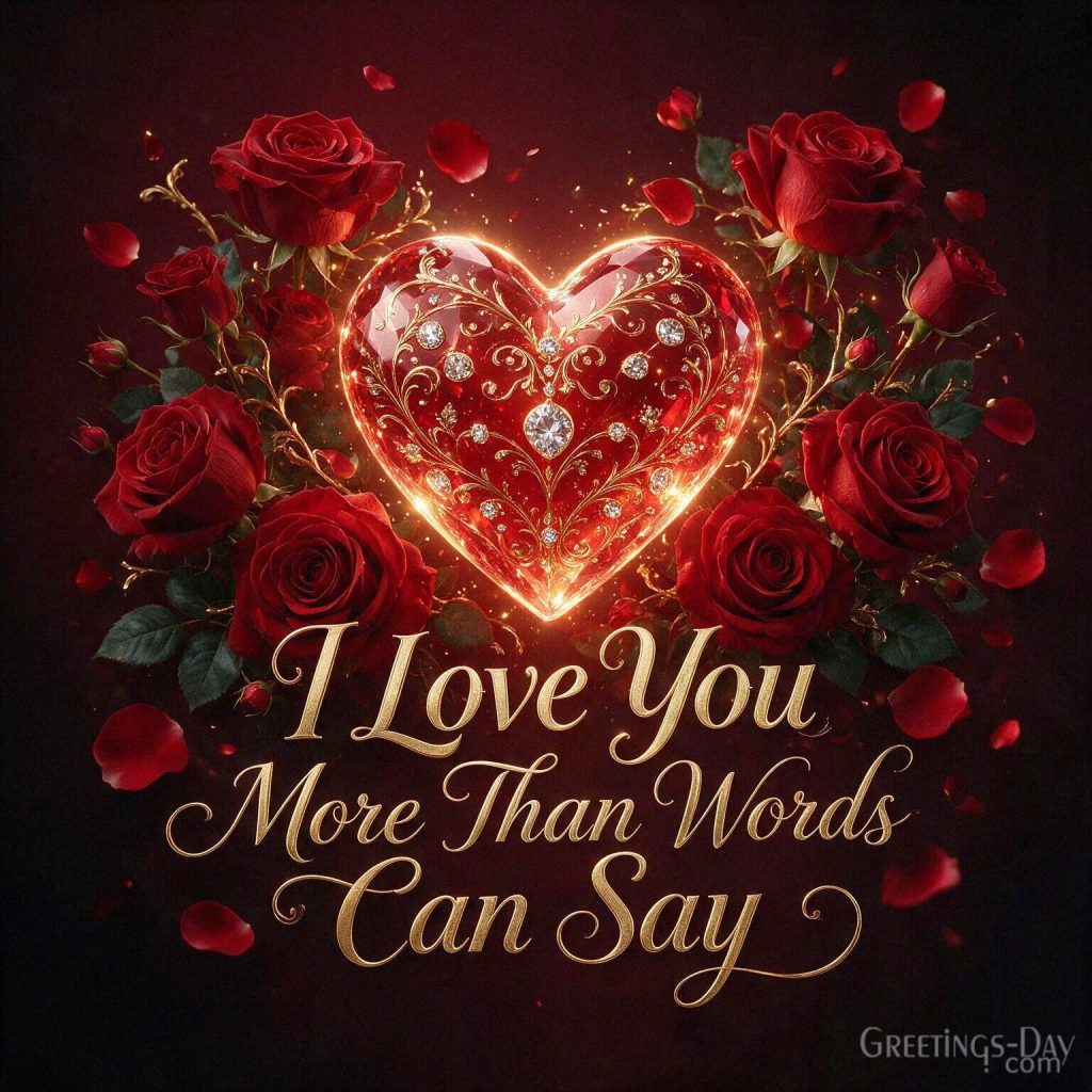 I love you romantic card with a glowing heart and red roses featuring “I Love You More Than Words Can Say” with the text 