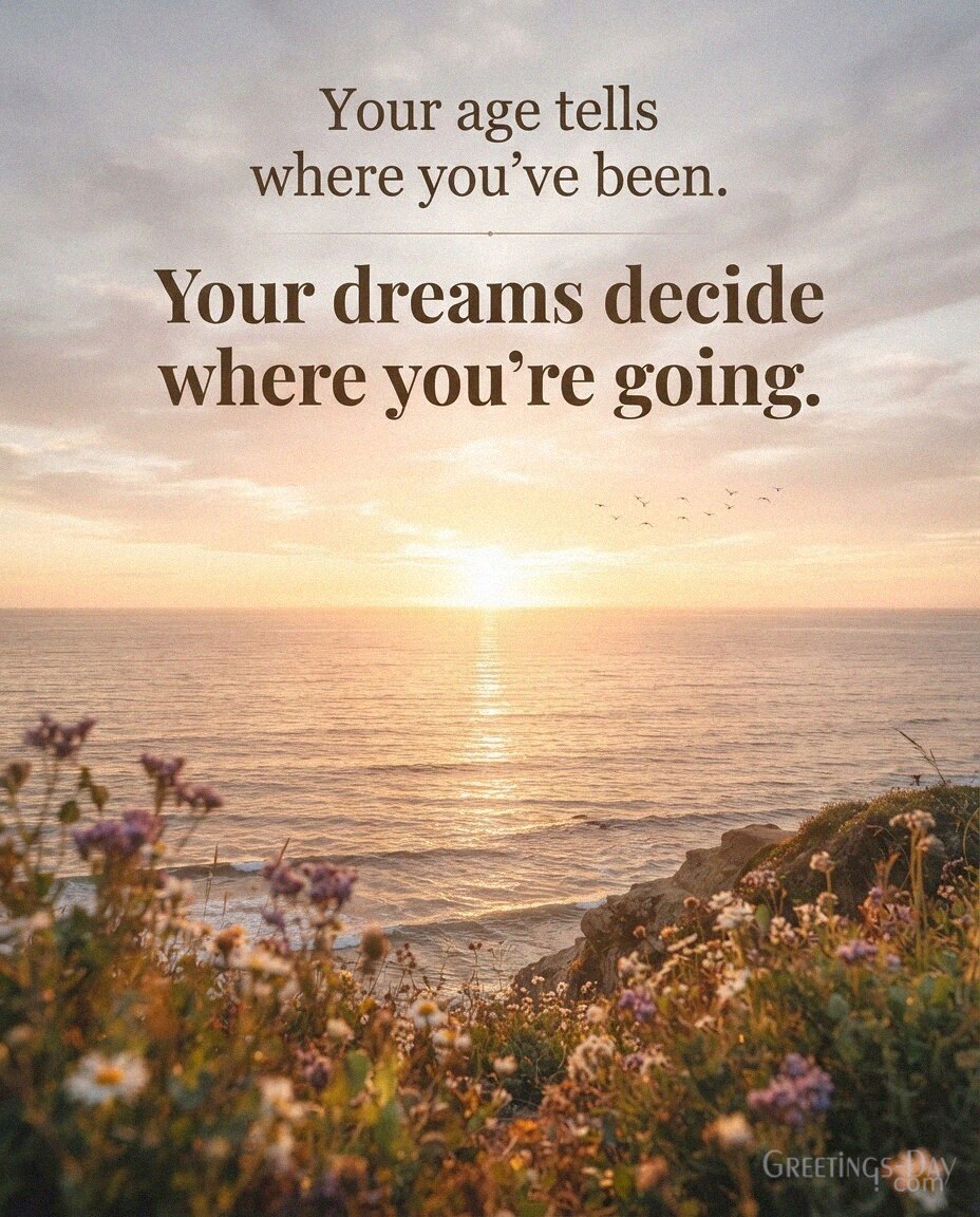 Inspirational Birthday Quote with golden sunrise over the ocean saying “Your age tells where you've been. Your dreams decide where you're going.” with the text "Your age tells wher