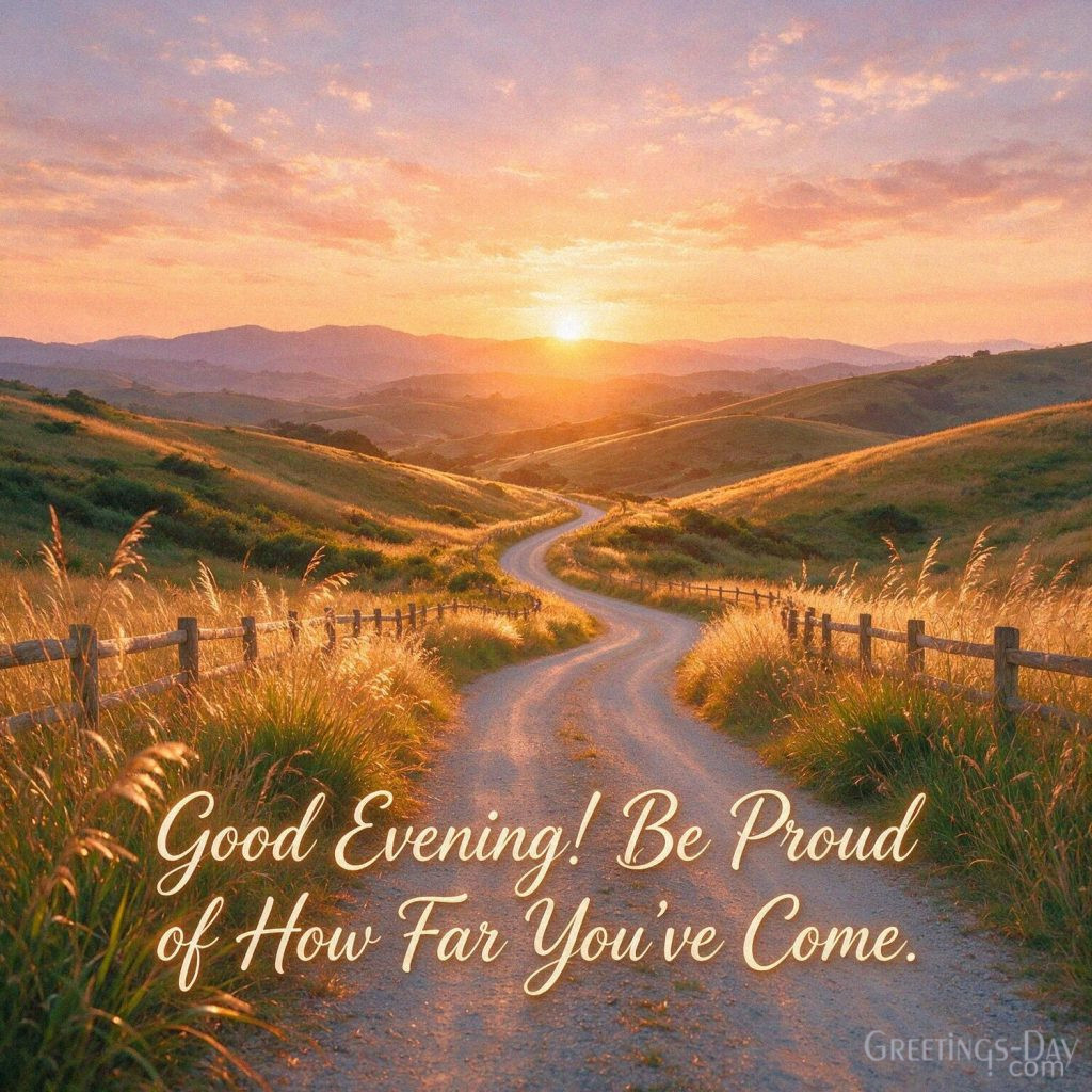 Inspirational Good Evening image of a scenic road leading toward a golden sunset saying “Good Evening! Be Proud of How Far You’ve Come.” with the text 