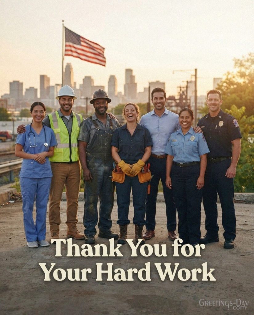 Labor Day appreciation card featuring American workers and “Celebrating Your Hard Work Today” greeting with the text 
