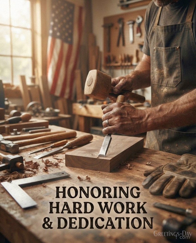 Labor Day card with tools and patriotic details featuring “Honoring Hard Work & Dedication” message with the text