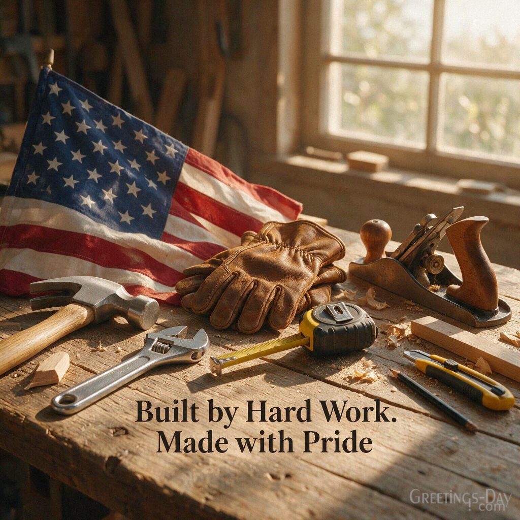 Inspirational Labor Day card with work tools and “Built by Hard Work. Made with Pride.” greeting with the text