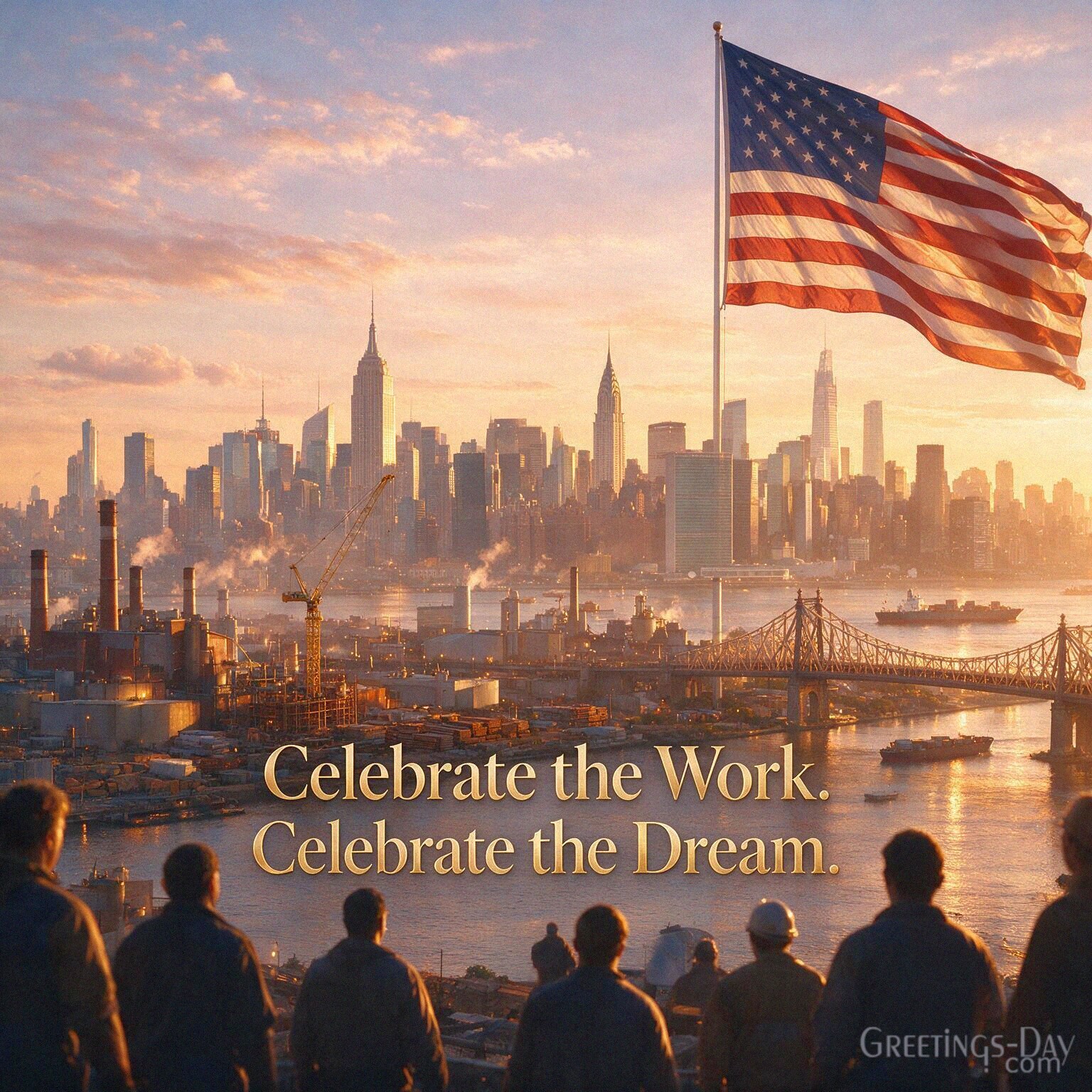 Inspirational Labor Day greeting card with American skyline and “Celebrate the Work. Celebrate the Dream.” message with the text "Celebrate the Work. Celebrate the Dream."