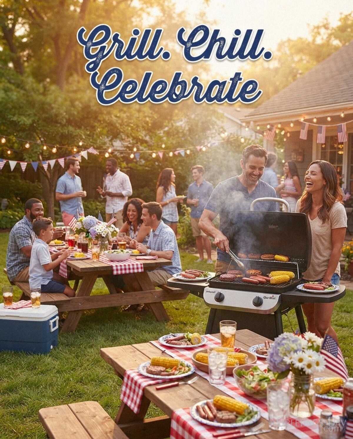 Funny Labor Day BBQ card with backyard cookout and “Grill. Chill. Celebrate.” holiday message with the text "Grill. Chill. Celebrate."