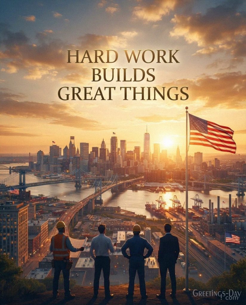 Inspirational Labor Day card with sunrise and workers featuring “Hard Work Builds Great Things” message with the text