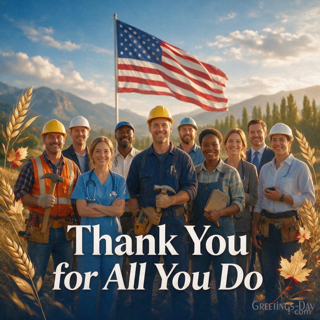 Labor Day thank you card honoring workers with American flag details and “Thank You for All You Do” message with the text 