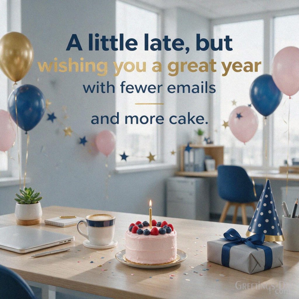 Funny Late Birthday Wishes for coworker image featuring “A little late