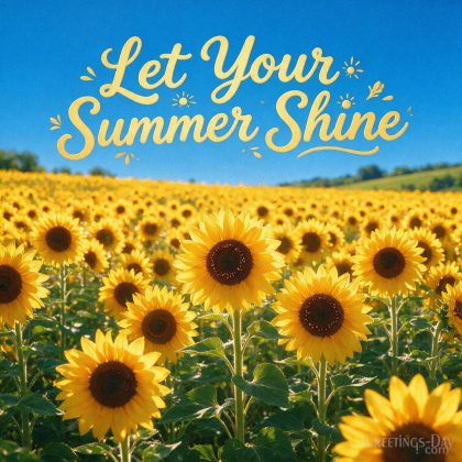 Inspirational summer greeting with a bright sunflower field and blue sky featuring the message “Let Your Summer Shine.” with the text "Let Your Summer Shine"