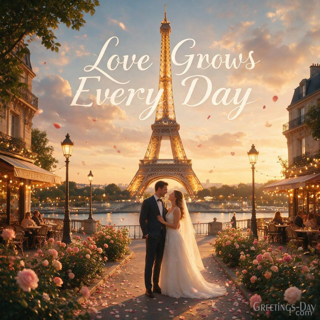 Luxury First Anniversary image featuring Paris sunset and Love Grows Every Day anniversary wish.