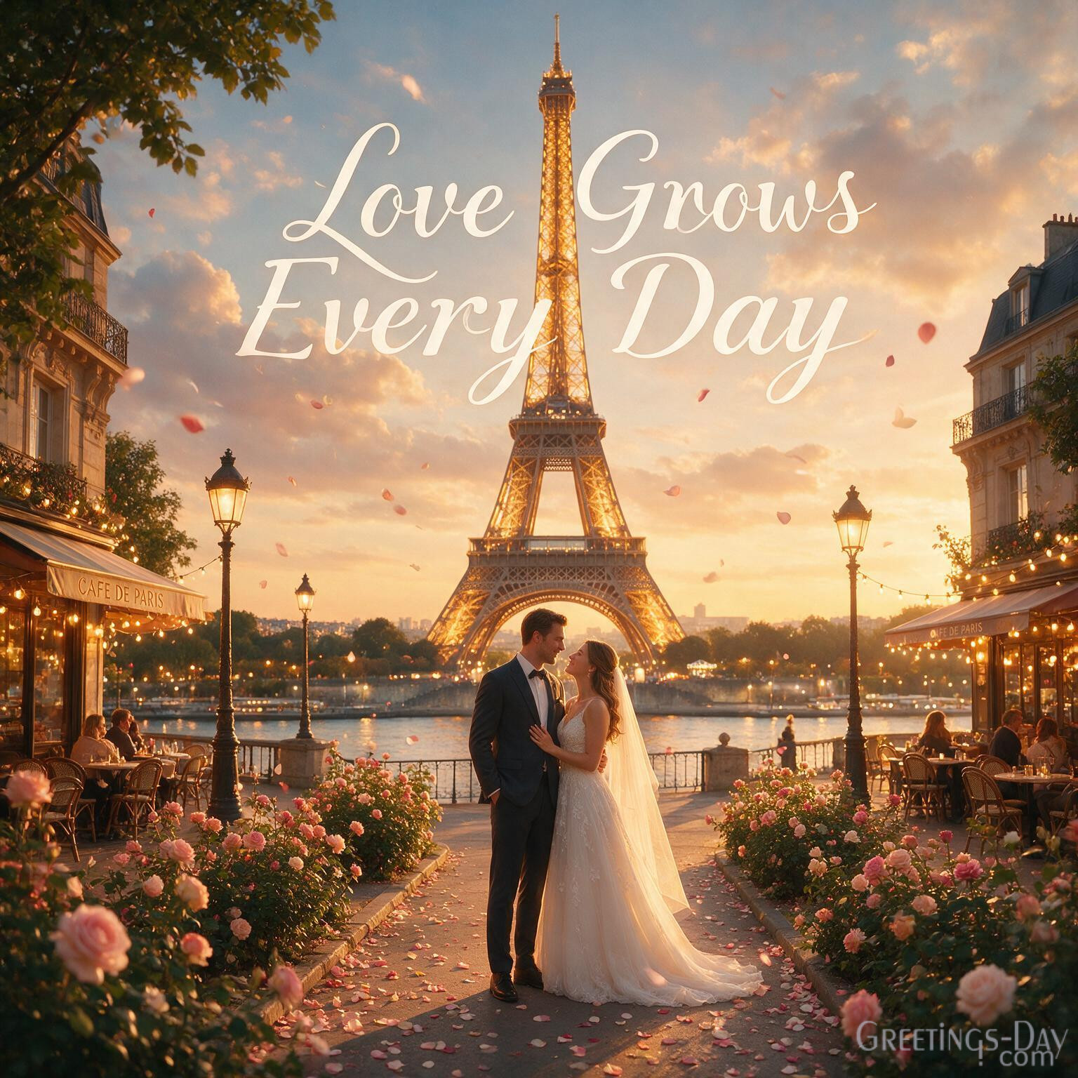 Luxury First Anniversary image featuring Paris sunset and Love Grows Every Day anniversary wish.