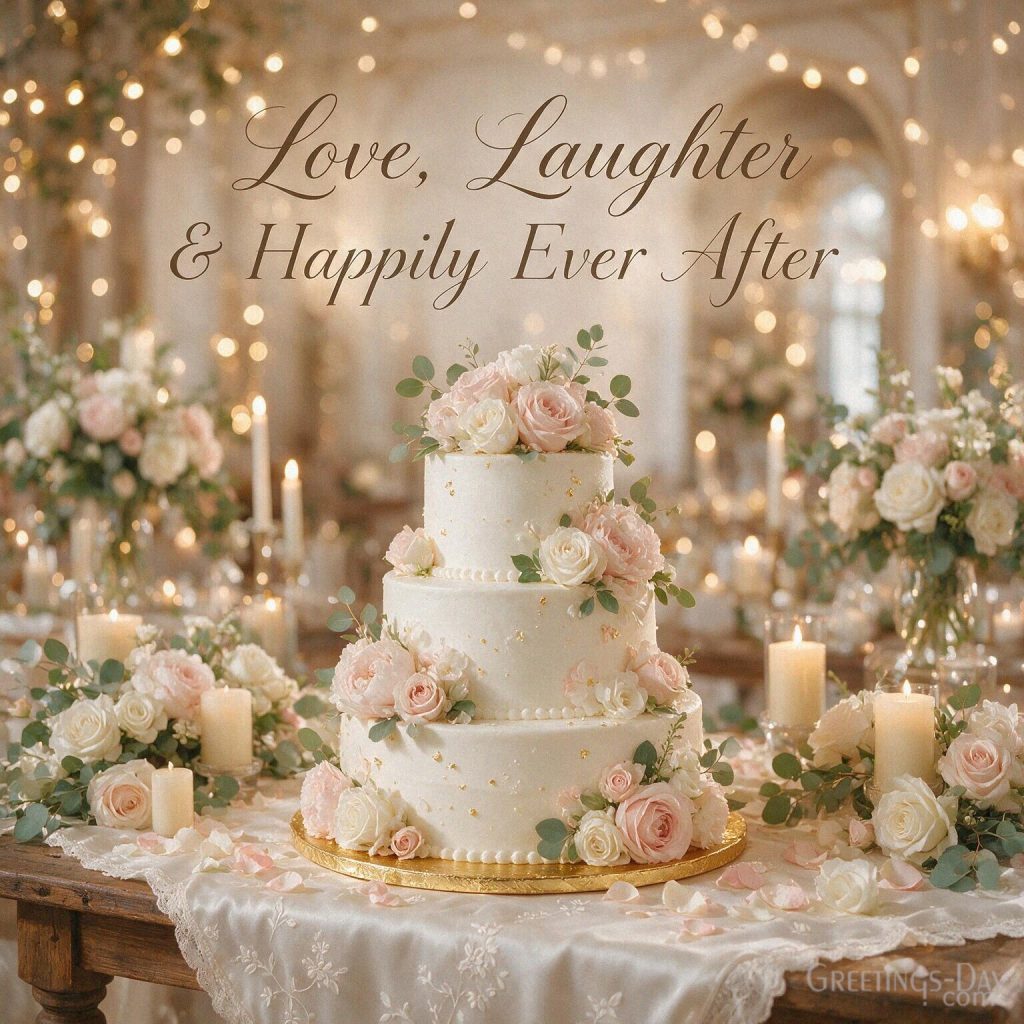 Romantic wedding greeting card with floral cake and candles saying “Love