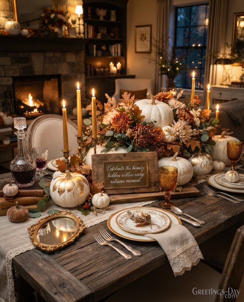 Luxury Halloween quote picture with white pumpkins, golden candles, rustic decor, and seasonal saying