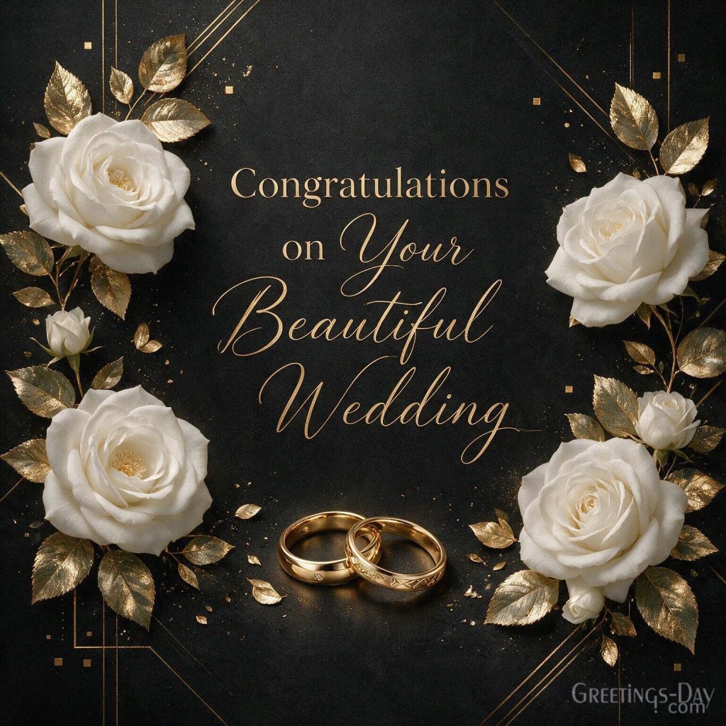 Luxury black and gold wedding card with elegant white roses saying “Congratulations on Your Beautiful Wedding” with the text