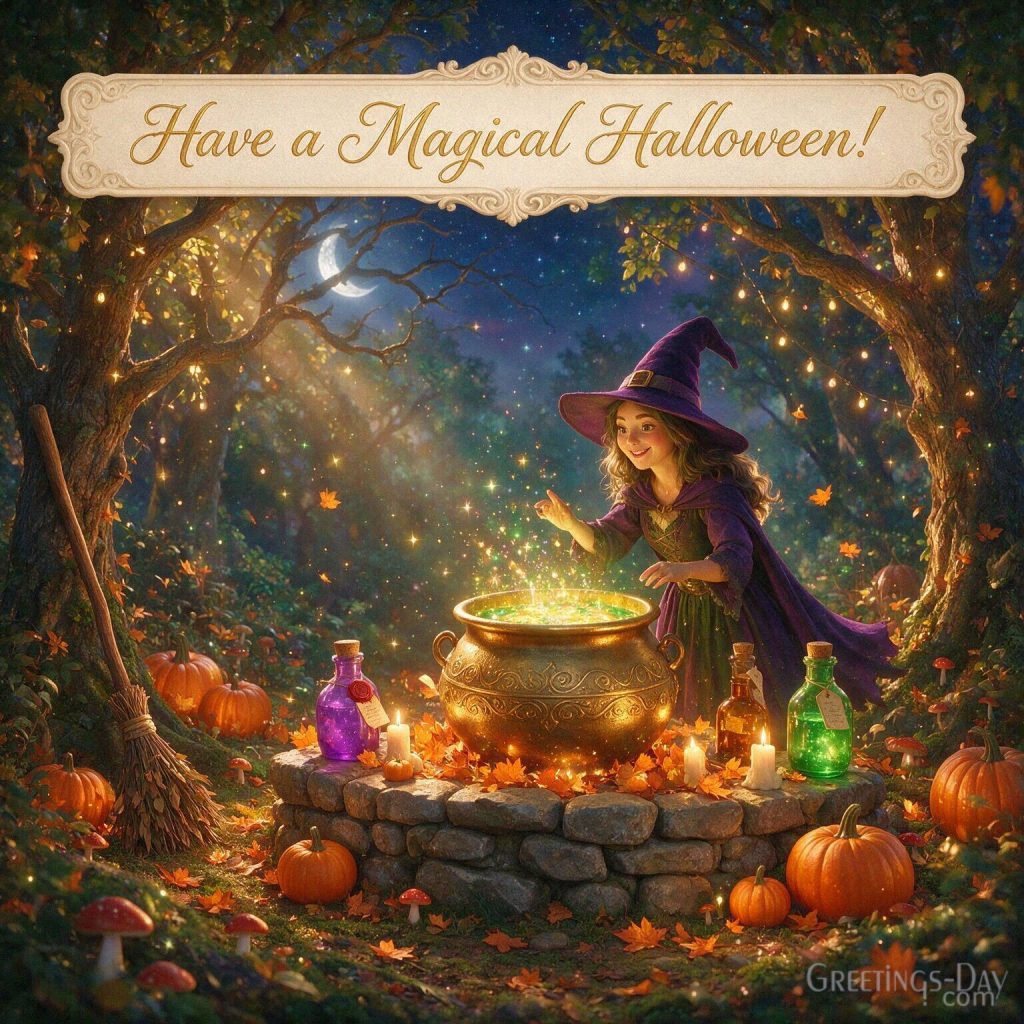 Magical Halloween card with a friendly witch