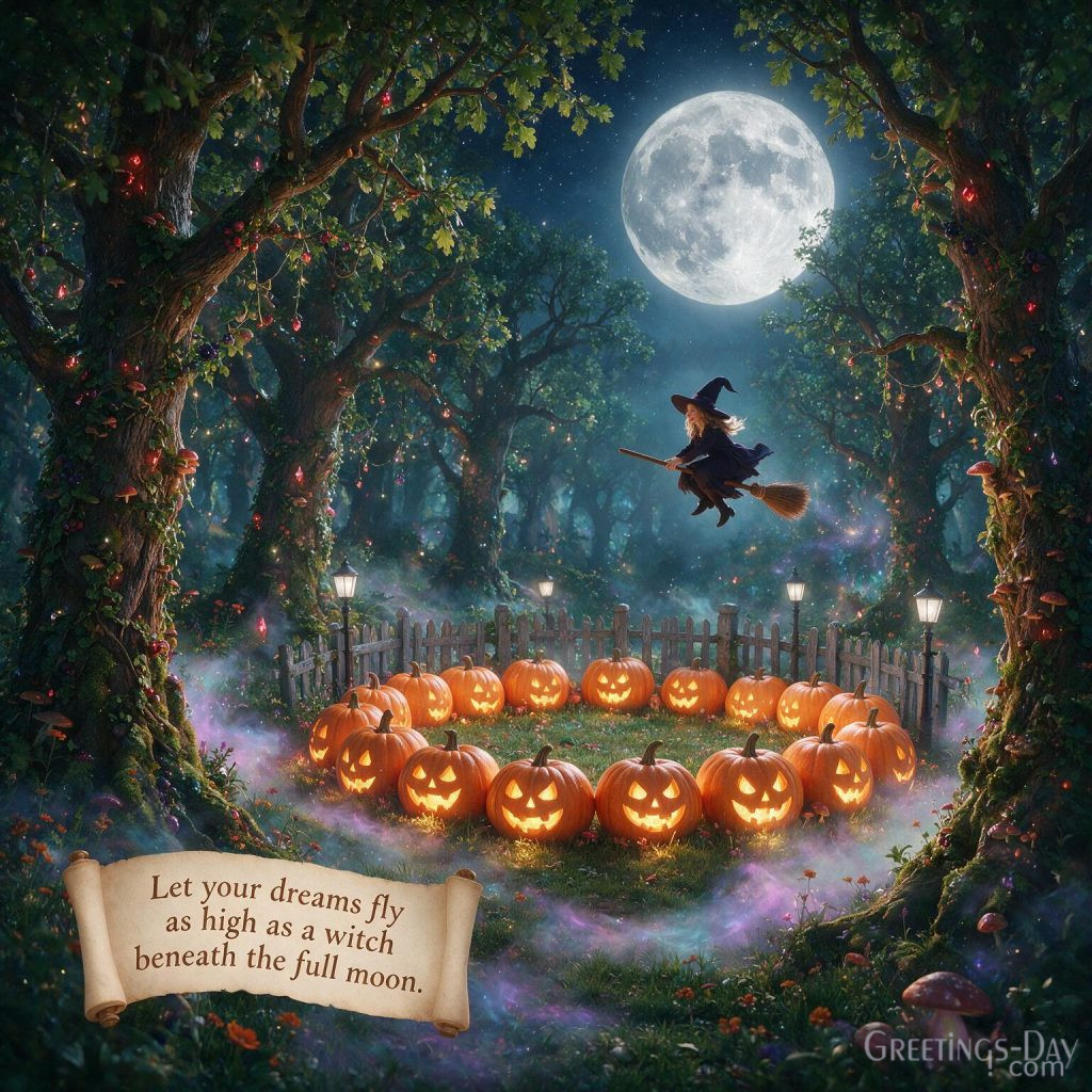 Inspirational Halloween sayings image with witch, sparkling lights, mystical forest, and magical Halloween message